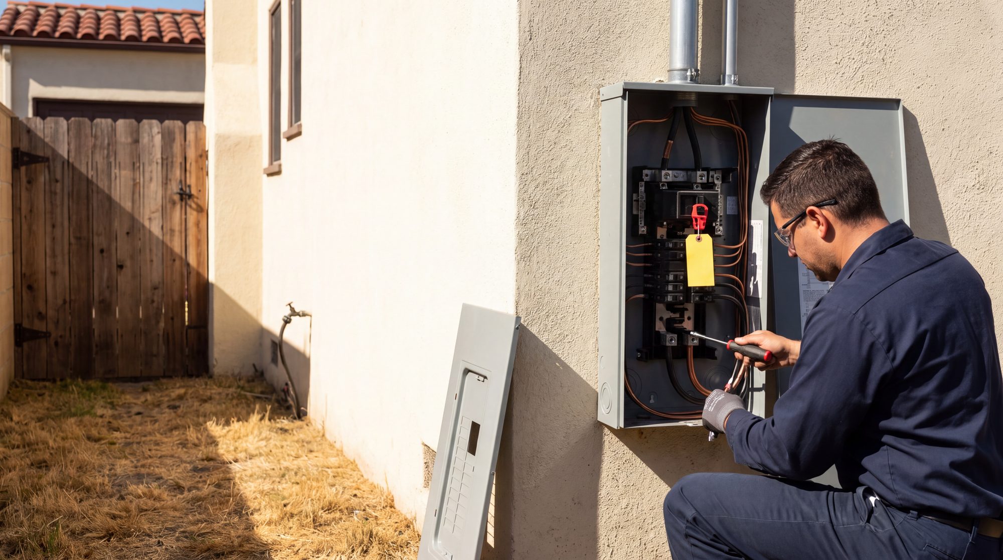 An electrician torquing a terminal lug inside an open exterior main service panel on the stucco wall of a Los Angeles bungalow, with the main breaker locked off.