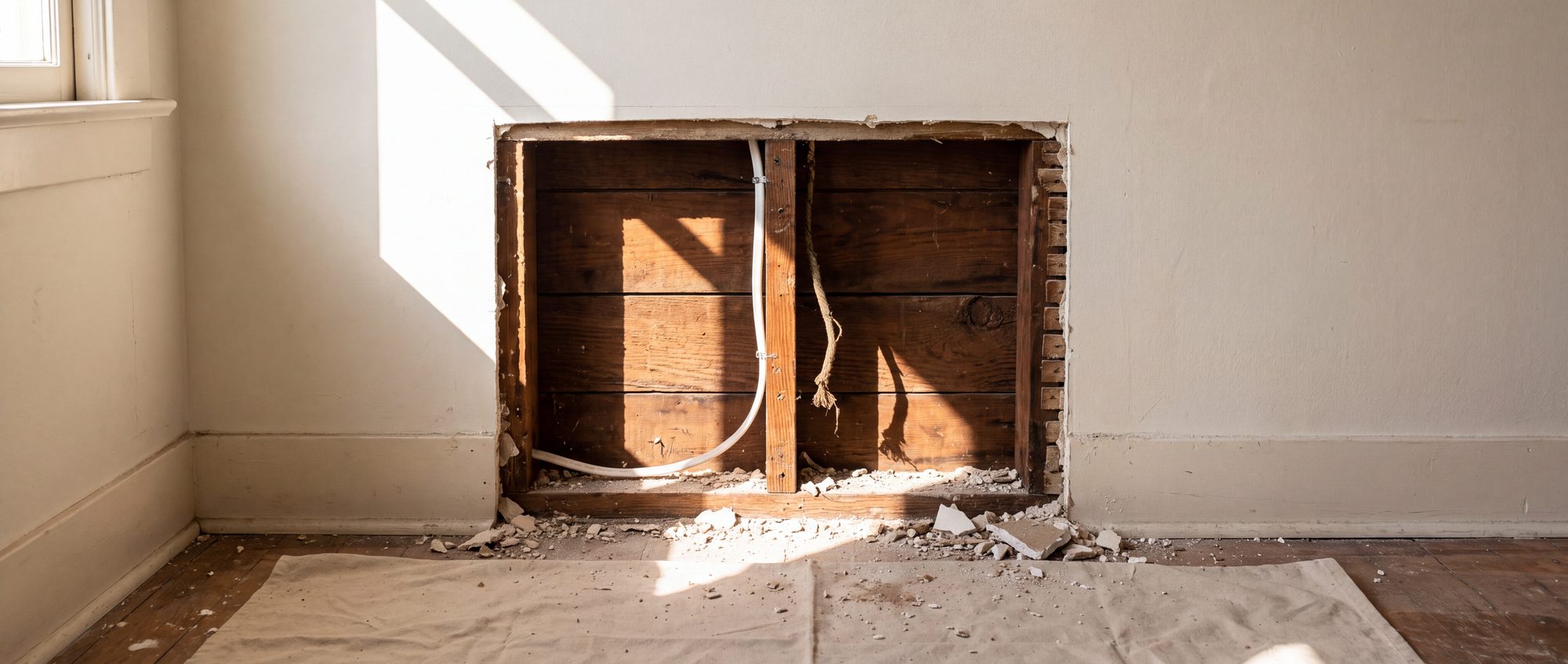 A rectangle of drywall cut away in an older Los Angeles house, exposing the studs and the lath behind, with a new white cable stapled up one stud and an old cloth-covered conductor fraying beside it.